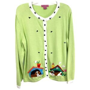 Bobbie Bell Large Sweater Green Cardigan Dogs Animal Rescue‎ Novelty Puppy 1374